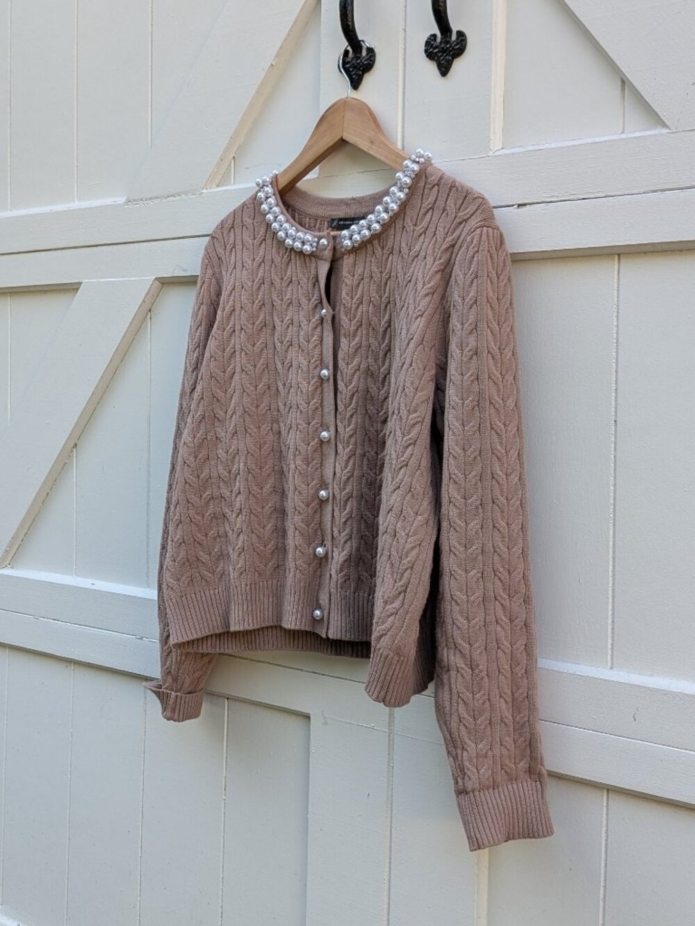 Adrianna Papell Taupe Cable Knit Pearl Collar Embellished Cardigan Sweater XL